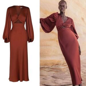 Shona Joy Dress Luxe Twist Front Balloon Sleeve Midi Dress Rust Red Size 14